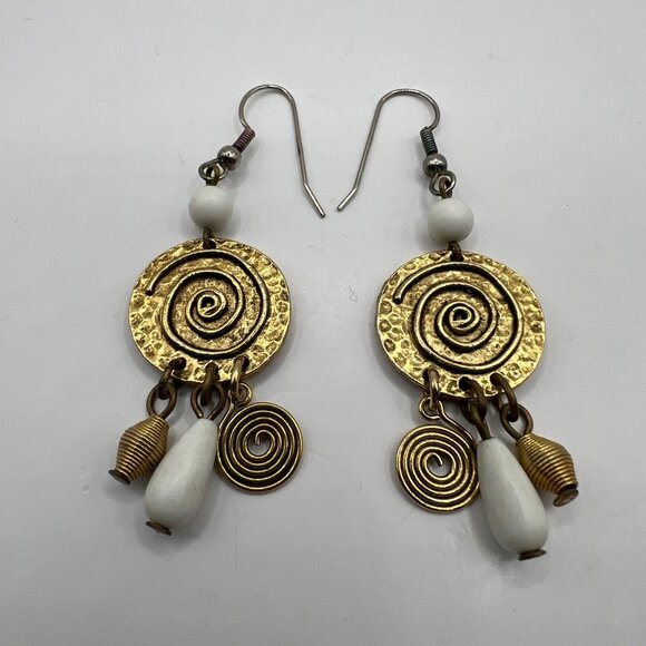 Vintage Pierced Earrings Gold Tone Embellished Disk with Beads Silver Tone Wire - Picture 3 of 6